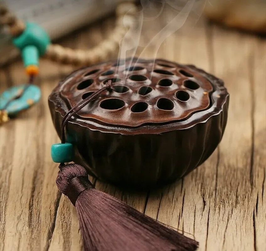 3.5inch Black Ebony Wood Incense Burner Holder Box Lotus Seedpod Home Decor