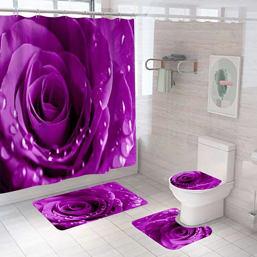 Vintage Colorful Rainbow Rose Shower Curtain Sets Flower Floral Art Bathroom Decor Curtains Non-slip Rug Bath Mats Toilet Cover