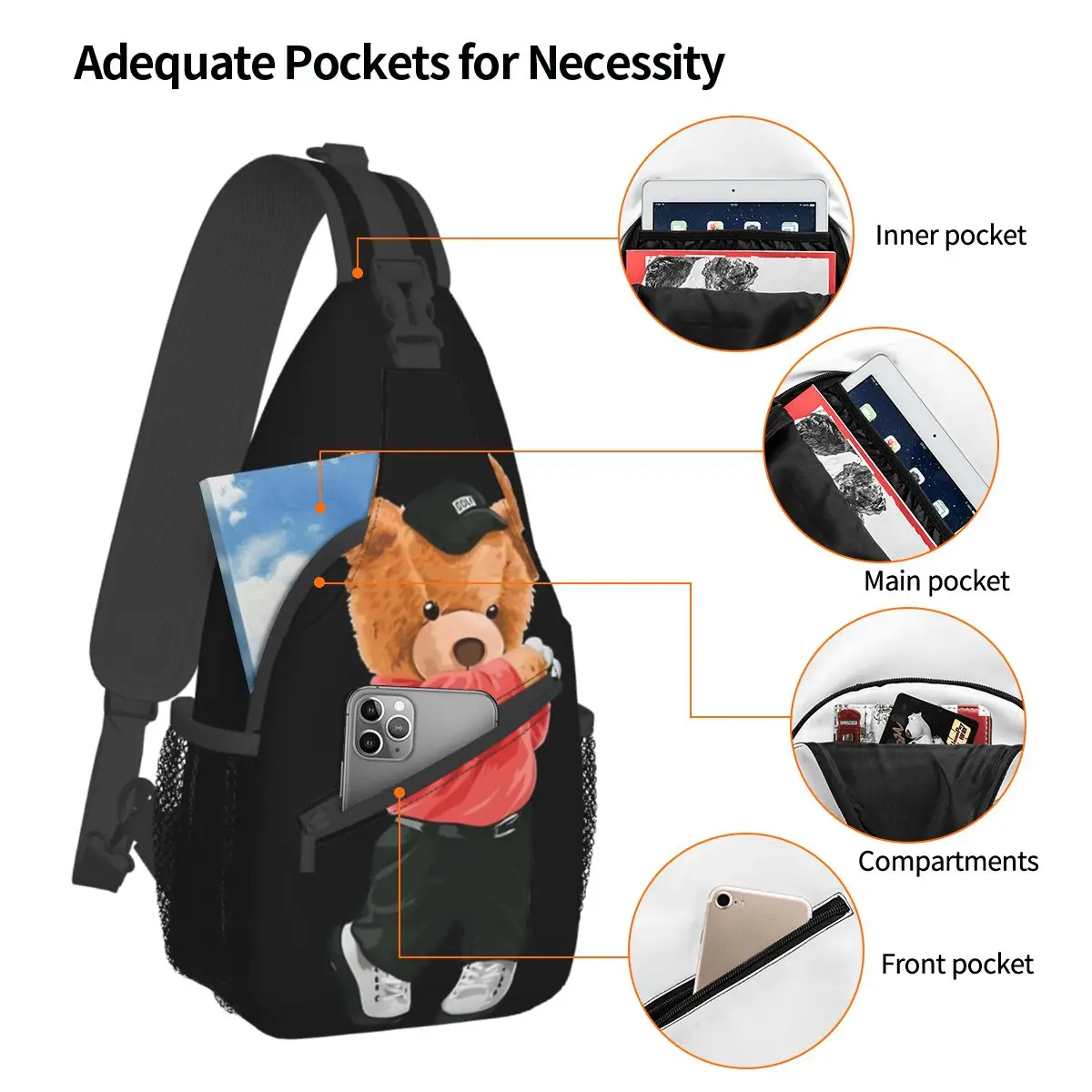 Golf Polo Crossbody Chest Bags Teddy Bear Pockets Travel Pack Messenger Sports Teens Shoulder Bag Unisex