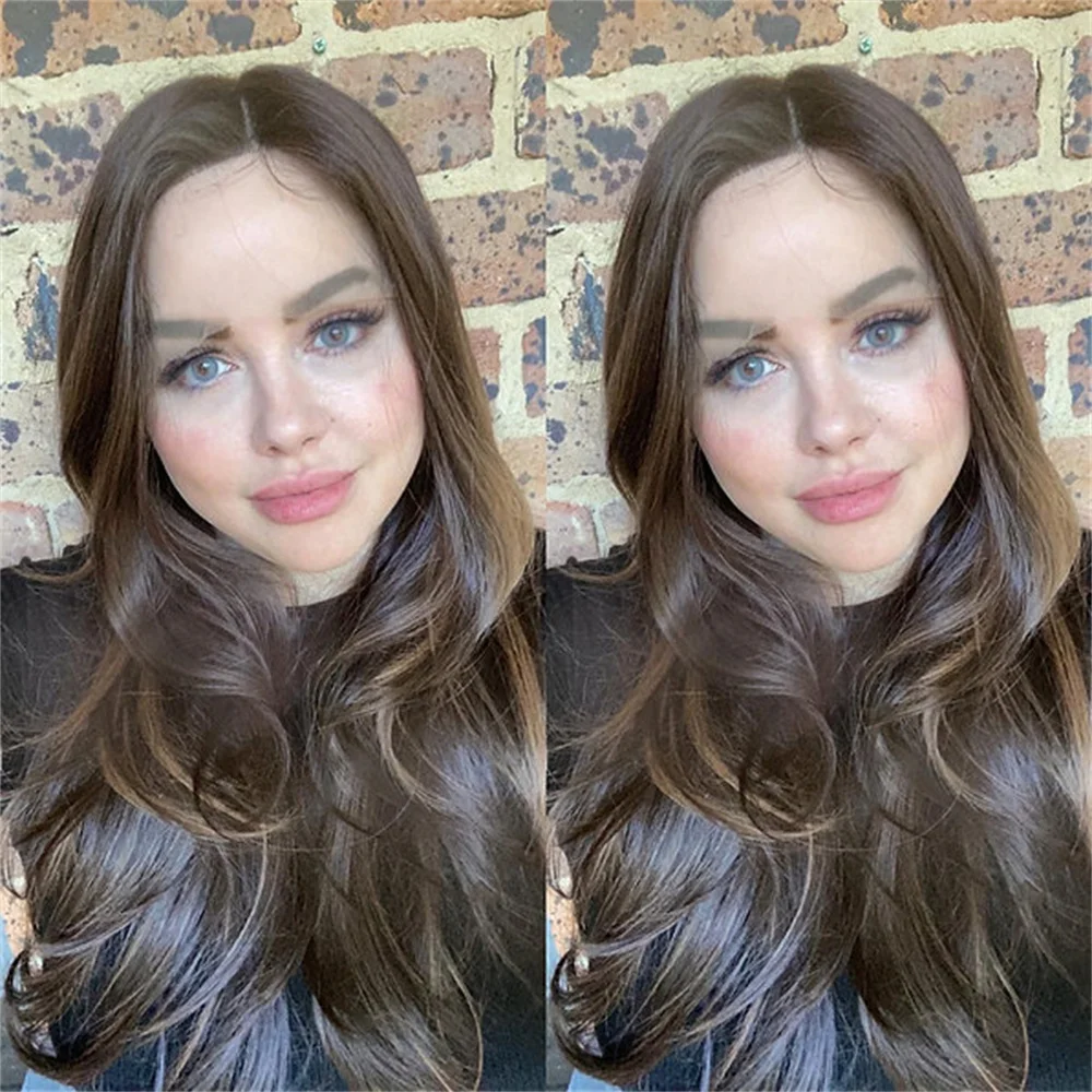 Donkerbruine karamel hoogtepunten Lace Front pruik hittevriendelijke vezels brunette natuurlijke golf pruik middendeel realistische look voor vrouwen