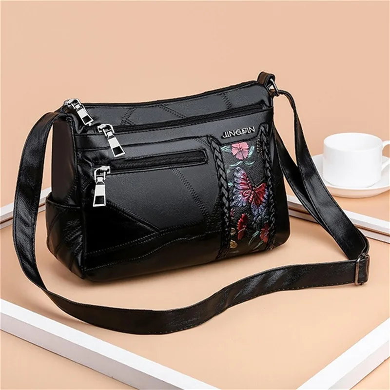 Women Shoulder Bag Floral Printed PU Leather Silt Pockets Adjustable Strap Mother Crossbody Bag