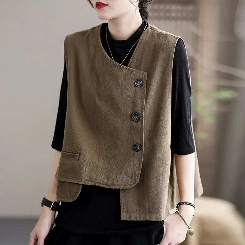 Vests Women Vintage Pocket Retro Fashion Casual Single Breasted Streetwear 2023 New Spring Summer Sleeveless Vest Female