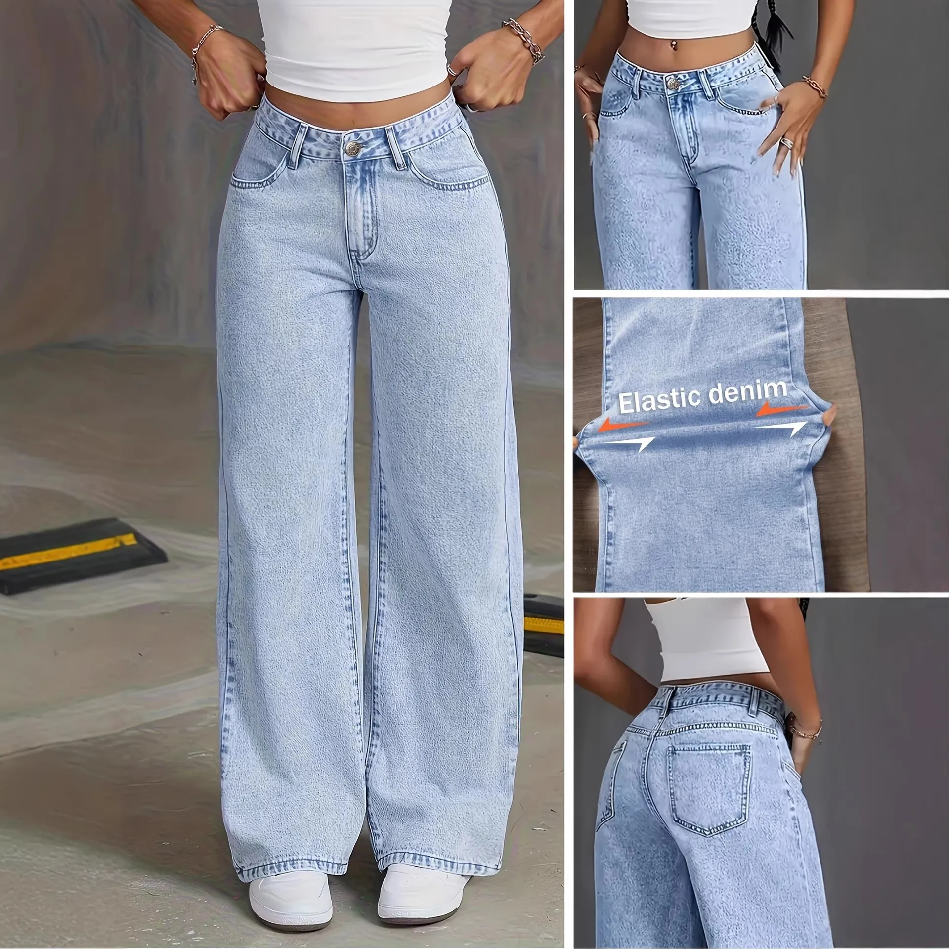 

Summer Spring Women's Clothing High Waist Loose Wide Leg Stretchy Jeans For Woman Cotton Denim Casual Full Length Trousers