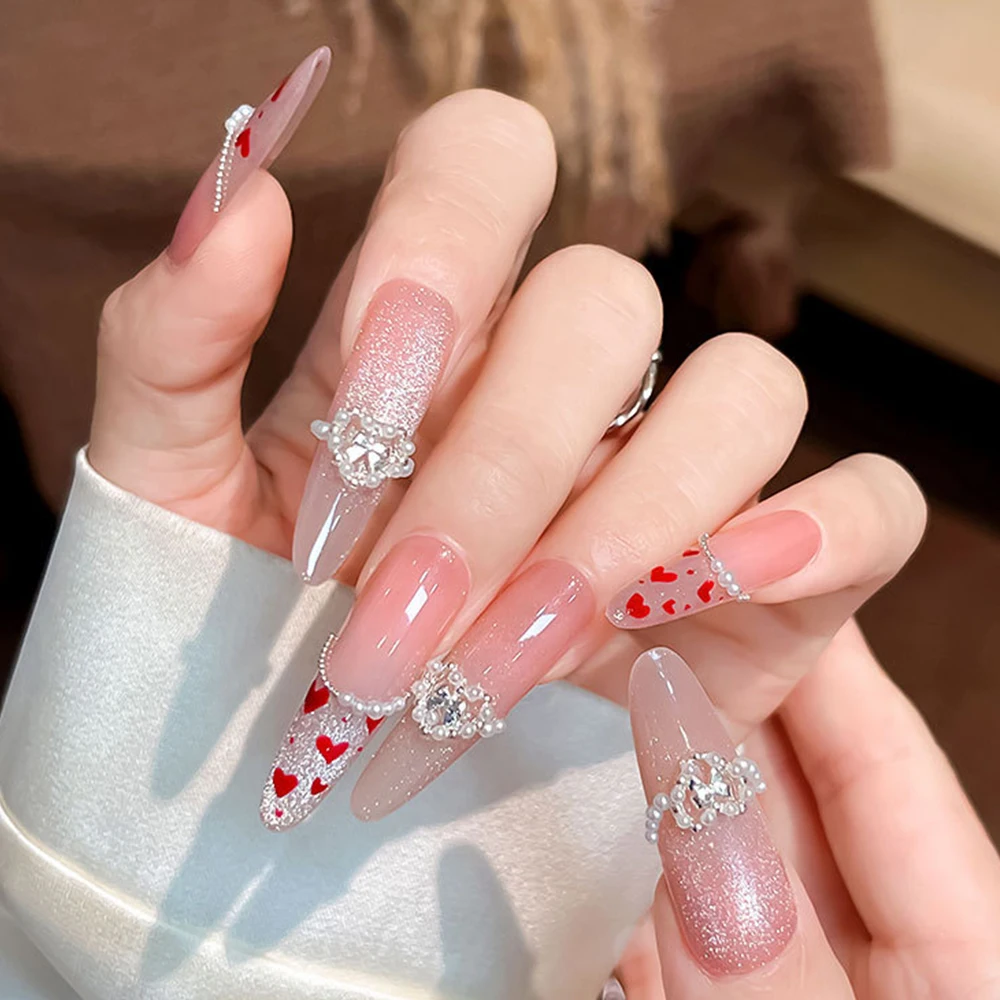 5 個 3D ラブハート型リボン合金ネイルアートチャーム豪華なラインストーンラブハートパールネイルラインストーンバレンタイン DIY