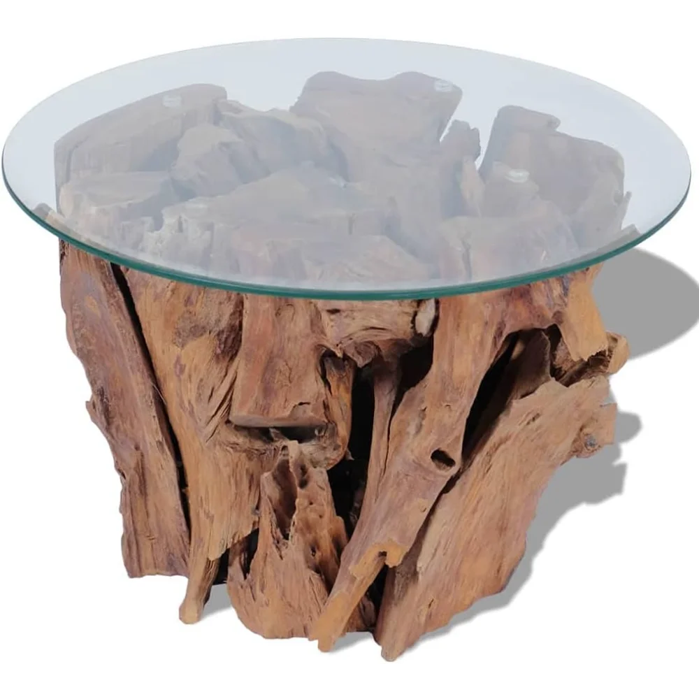 

23.6" Mid-Century Modern Industrial Coffee Table - Fully Handmade Solid Teak Driftwood Glass Side Table for Coffee Bar