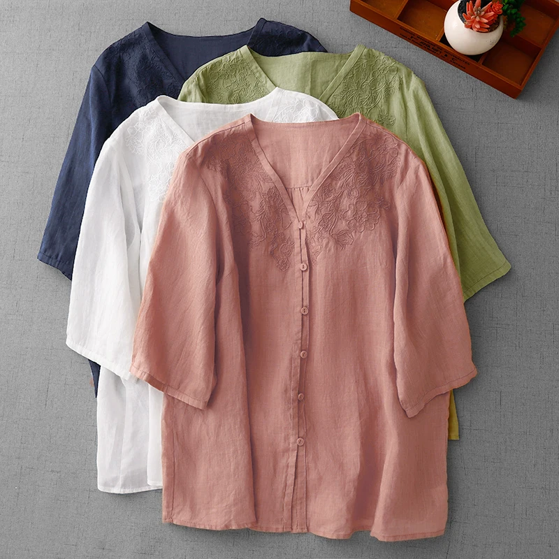 

New Chinese Style Women's Cotton Linen Shirt Embroidered Summer Spring Large Size Five Sleeve Outerwear Breathable V-Neck