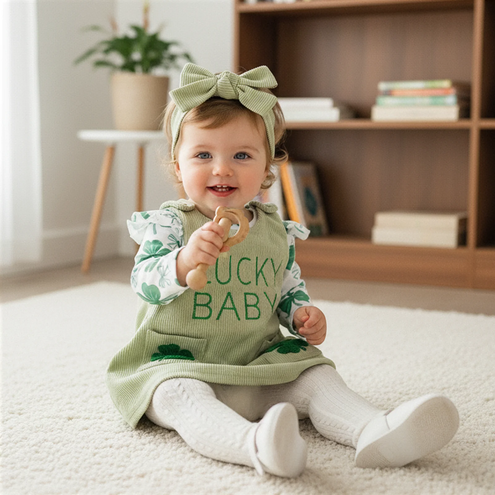 ملابس أطفال بناتي أيرلندية لطيفة بأكمام طويلة مطبوعة شامروك مع عصابة رأس فستان مكونة من 3 قطع