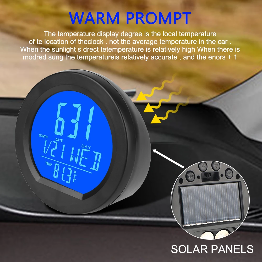 Thermometer Driving Time Reminder Solar Car Clock Outside Car Electronic Automatic Switch High Precision Clocks