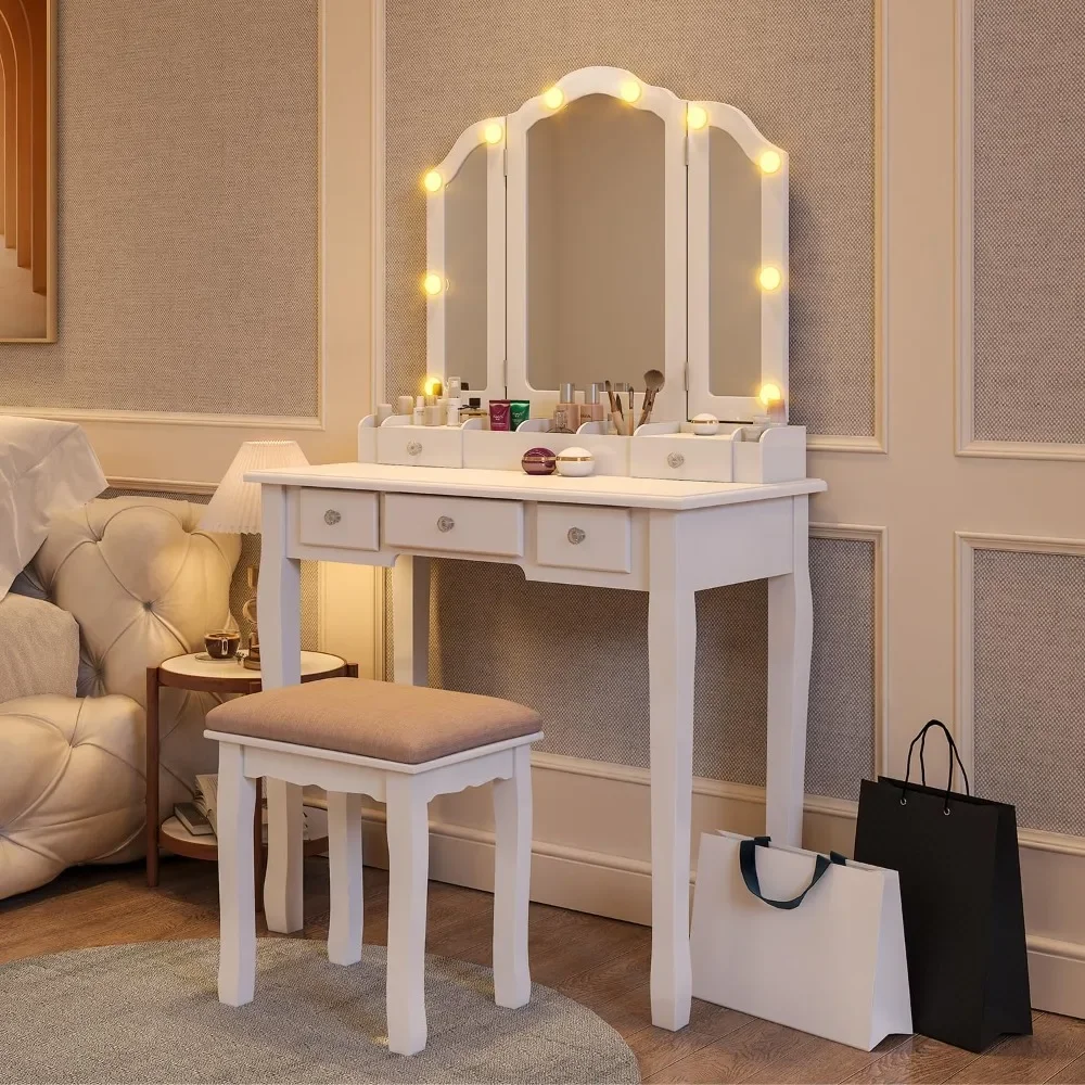 Makeup and dressing table, dressing table with illuminated mirrors and drawers, dressing table with chairs bedroom sets