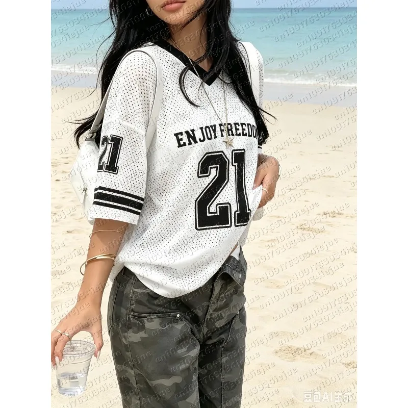 Women'S Kid Versatile Trendy Casual Style Color-Block 21 Print American Baseball Style Jersey Campus Style