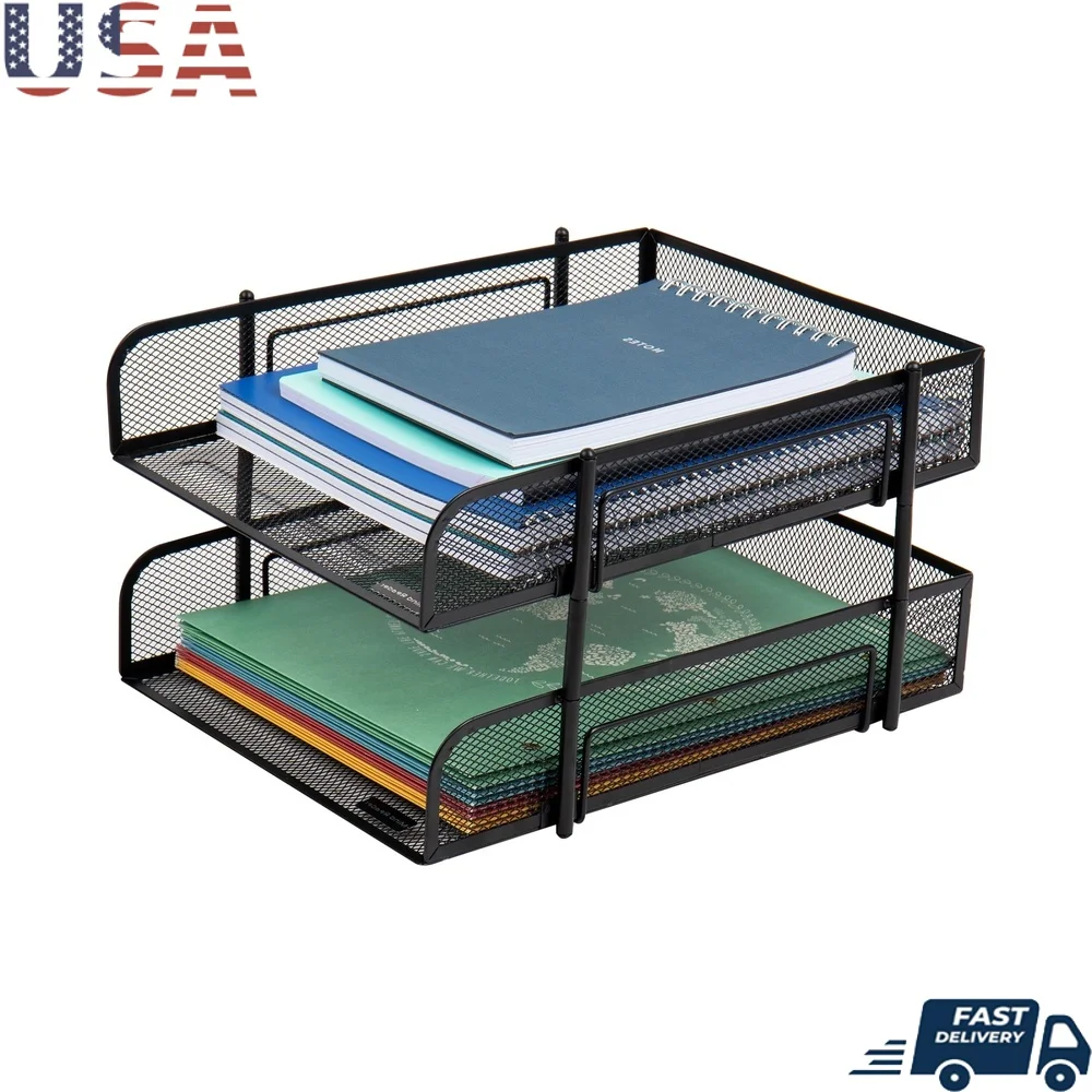 

2-уровневый штабелируемый настольный органайзер из металлической сетки для хранения файлов, эффективный настольный органайзер для домашнего офиса, рабочее пространство без беспорядка