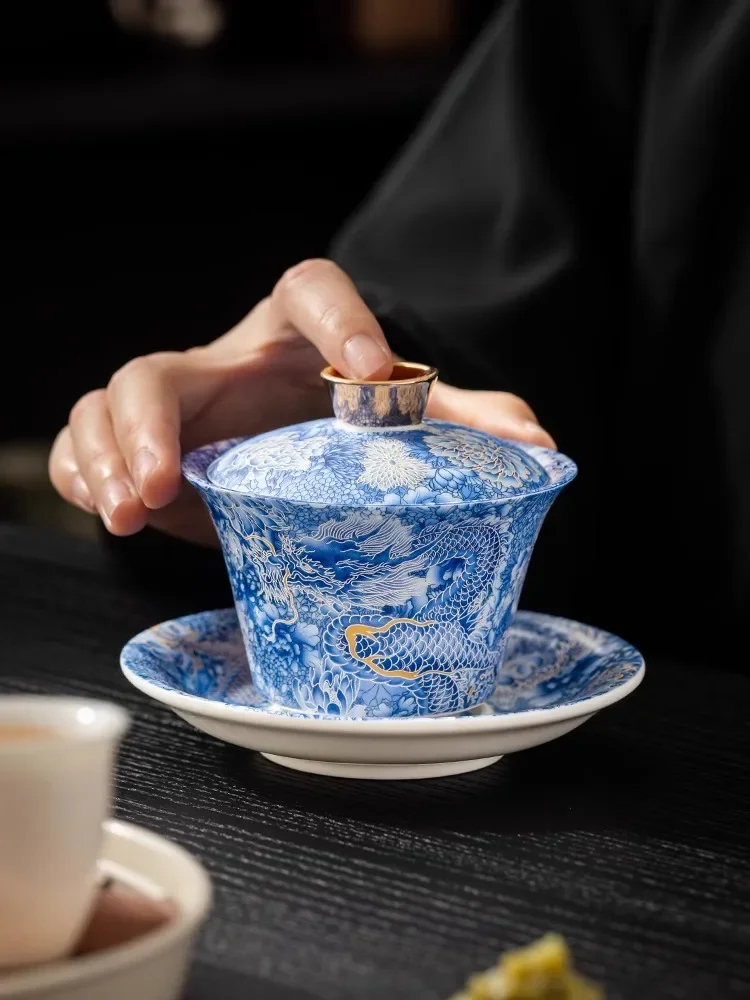 San Cai Gai Bowl Tea Cup Single High end Household Hovering Rotating Tea Bowl Anti scalding Ceramic Kung Fu Tea Set