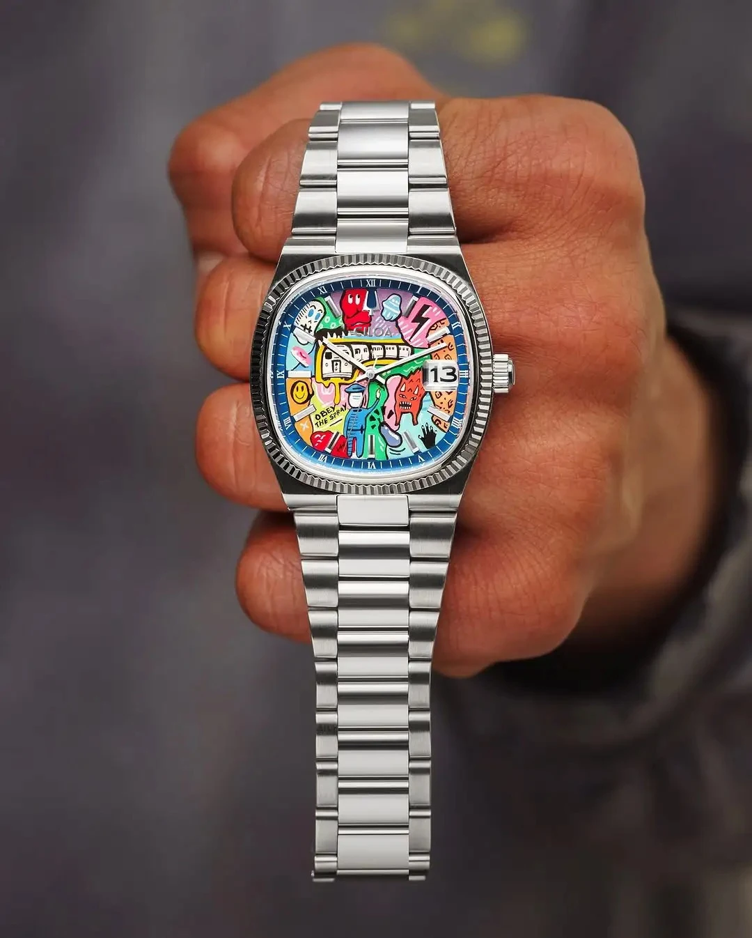 Men Graffiti Colorful Dial Automatic Watch Hip Hop Street Style Fluted Bezel Stainless Steel Bracelet Quartz Wristwatch Fashion Trend Male Watch Gift