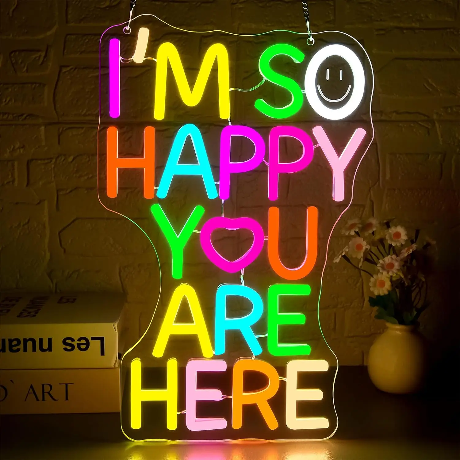 あなたがここにいることをとても喜んでいます-ネオンサイン-usb調光可能-カラフルledウォールライト-スマイルフェイス-ハート-リビングルーム-子供部屋の装飾-ウェルカムギフト