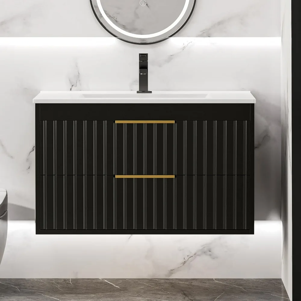 

Bathroom Organizers, 30" Bathroom Vanity Cabinet With Sink Combo, Wall Mounted Floating Bathroom Vanity With 2 Big Drawer And Me