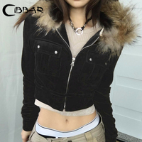 CIBBAR y2k Furry Stitching Hooded Hoodies Vintage 2000s Zip-up Cropped Jackets Women Casual Autumn Outwears Korean Fashion Coats