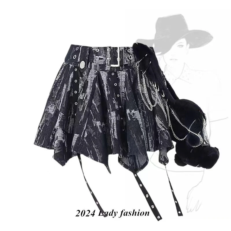 

2024 Gothic Women Grey A-line Skirt Y2k Mini Punk Skirts 90s Aesthetic Elegant Harajuku Vintage Denim Skirt 2000s Clothes Summer