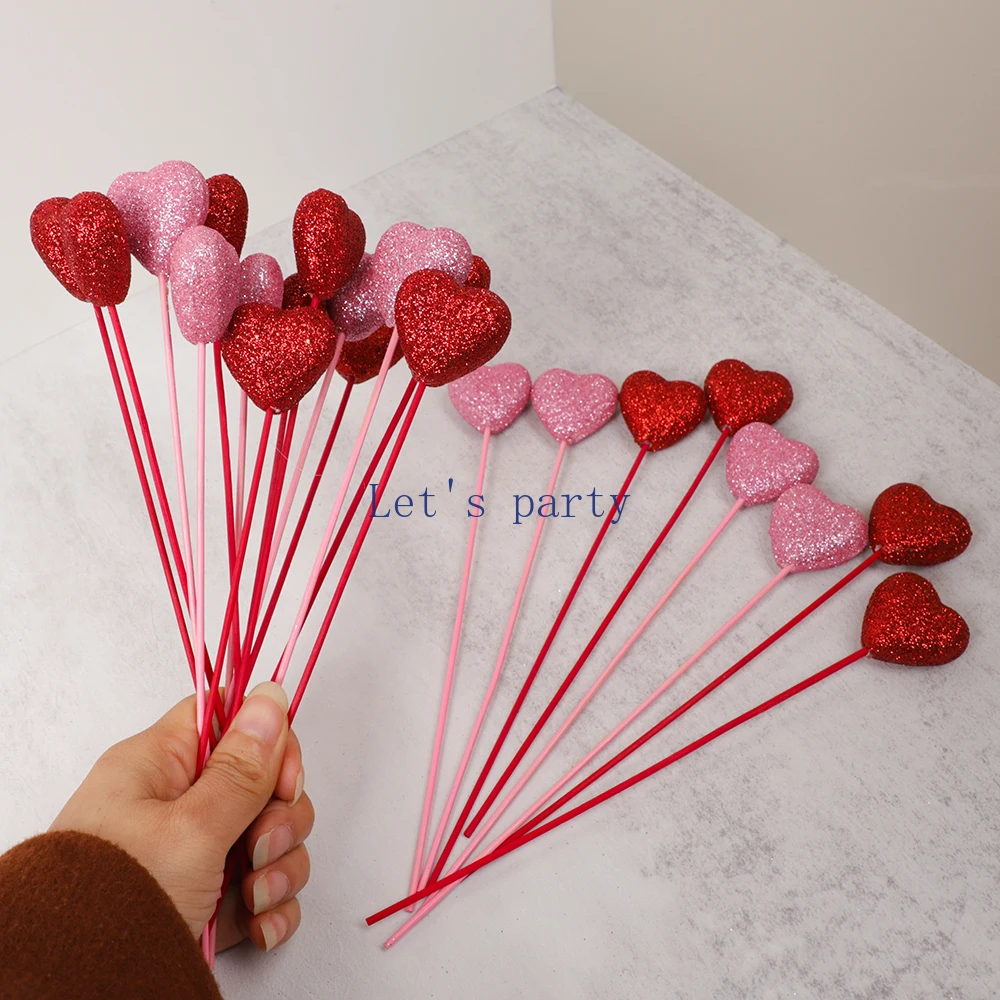 10Pcs Romantic Heart Glitter Foam Flower Bouquet Picks Stick Cake Toppers for Valentine's Day Wedding Birthday Party Decoration