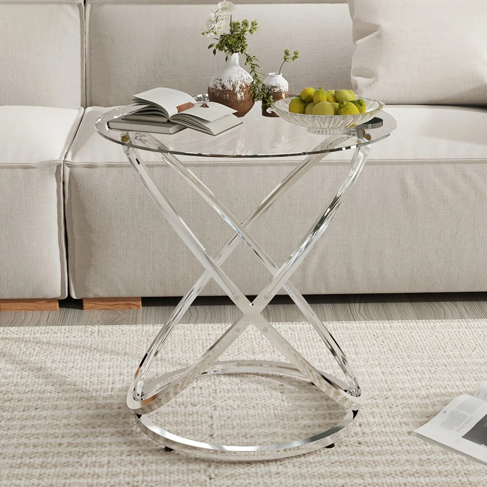 

Glass Coffee Table, Modern Minimalist Round Coffee Table with Ring Metal Frame, Side Table for Decoration