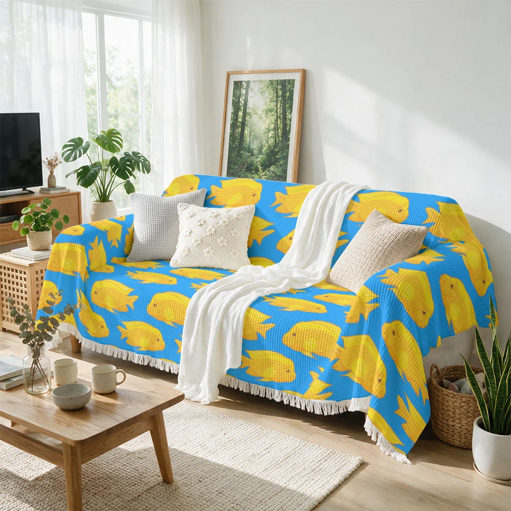 Bright Yellow Fish Pattern Sofa Throw Blanket Couch Cover Blue Ocean Nautical Coastal Sea Life Print Decorative Throw for Living