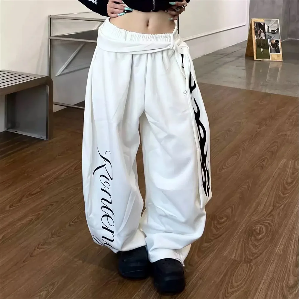 

Oversize with Belt Goth Print Hip Hop Wide Leg Loose Pants Women Elasic Waist Straight Trousers High Street Style Baggy Clothing