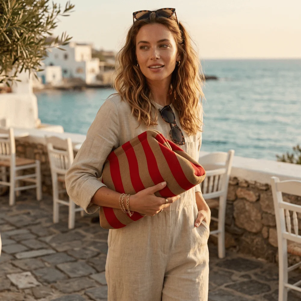 

Elegant Woven Crochet Purses Large Capacity Striped Pattern Beach Clutch Handbags Woven Texture Colorblock Design