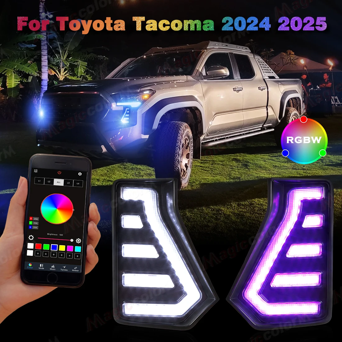 64 Colors For Toyota Tacoma 2024 2025 Daytime Running Lights RGBW DRL Ambient Start up Animation Turn Signal Fog APP Control 12V