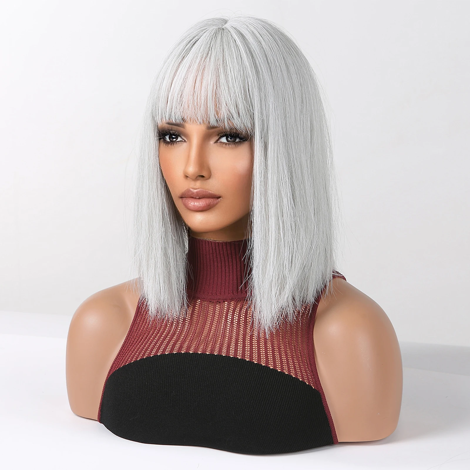 Silver Gray Straight Synthetic Wig Short Bob Wigs with Bangs for Women Cosplay Party Use Heat Resistant Fiber Natural Looking