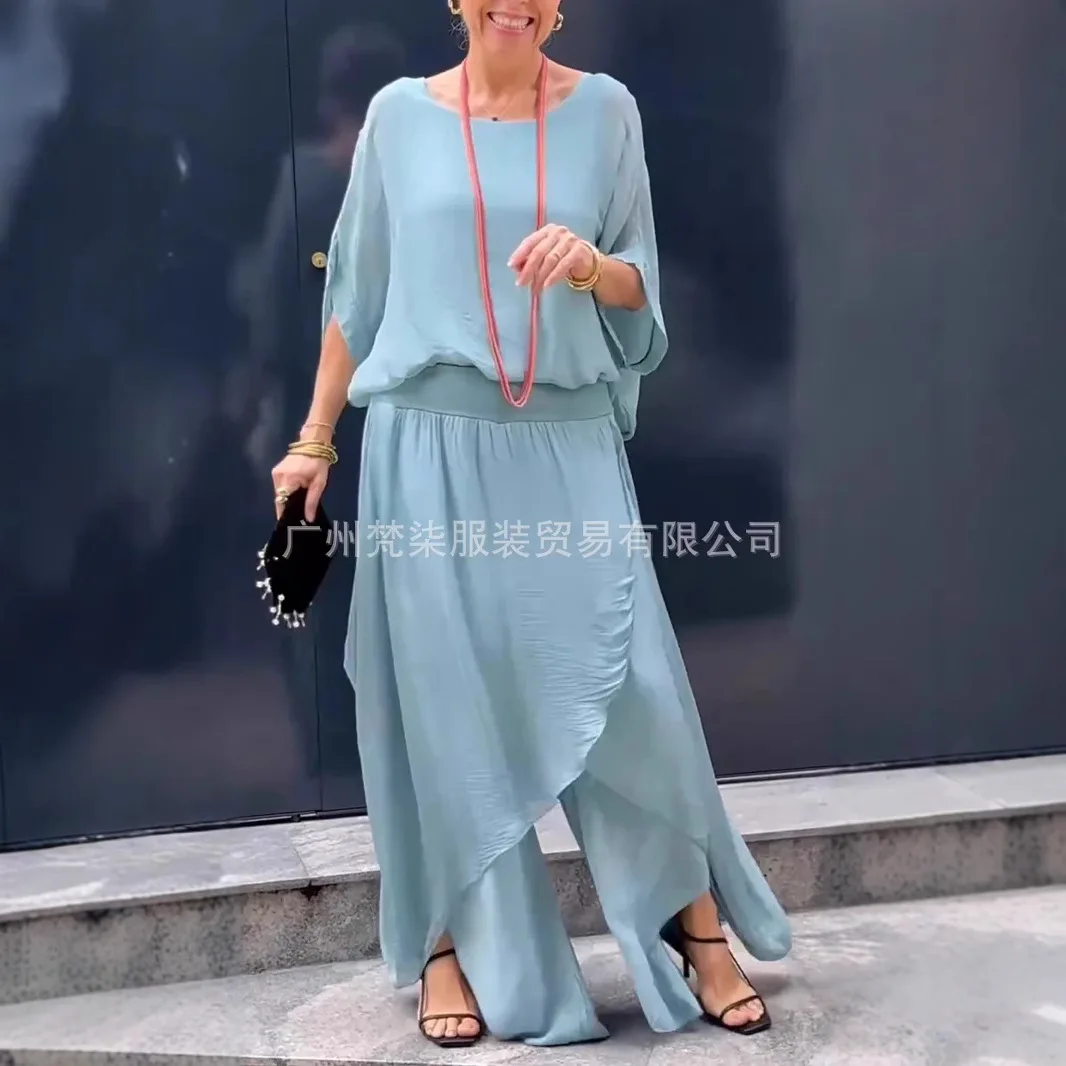 

2025 летние модные женские однотонные повседневные модные свободные комплекты из 2 предметов из шифона, футболки с круглым вырезом и короткими рукавами, широкие брюки