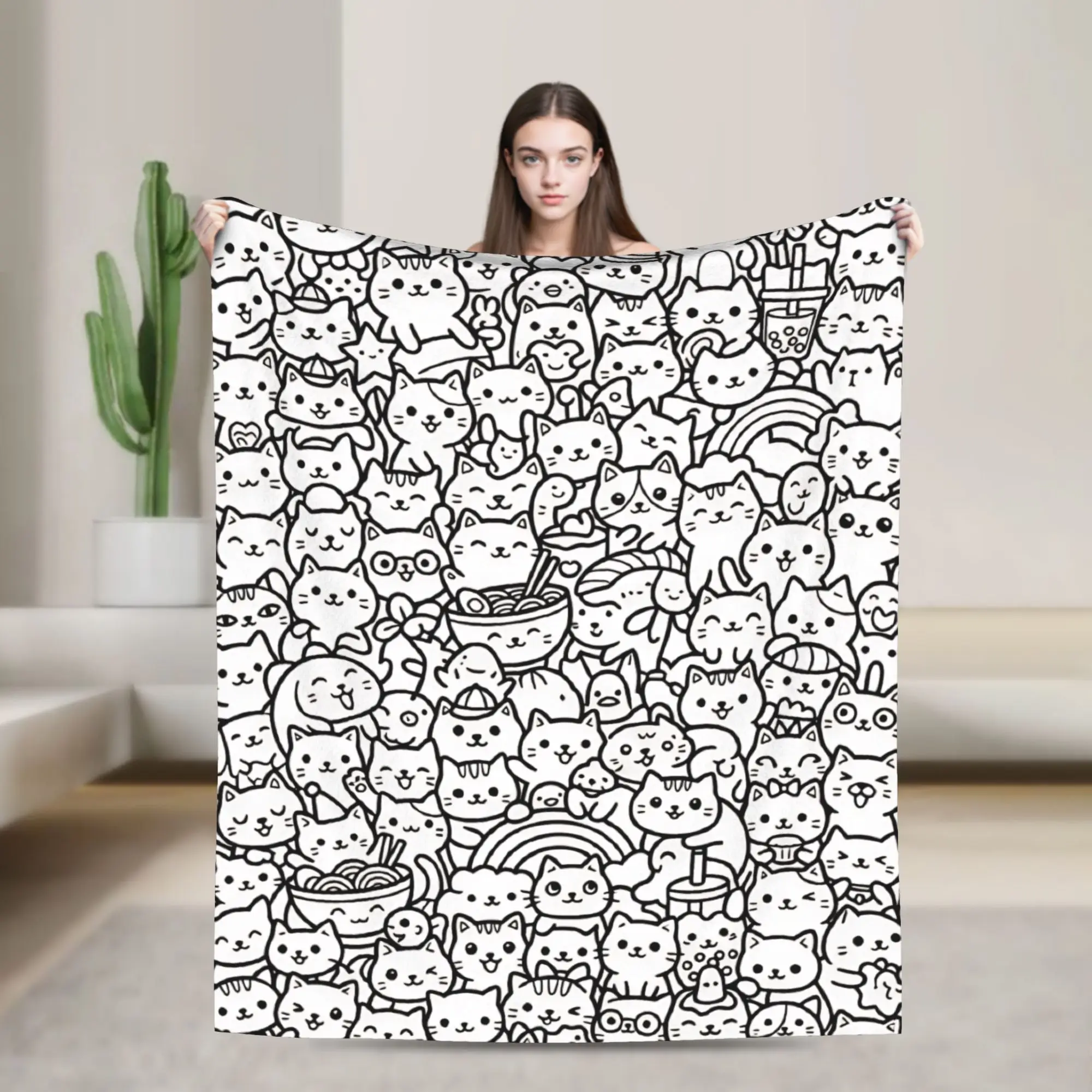 Cute Cat Doodle Pack Line Art Coloring Page Graphic Flannel Blanket Adults  Warm Soft Throw Blanket Winter Bedspread Bed Cover