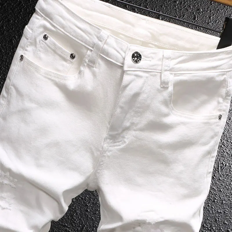 

Street Designer Fashion Men Jeans White Stretch Slim Fit Patched Ripped Jeans Men Y2K Vintage Casual Denim Pants Hombre