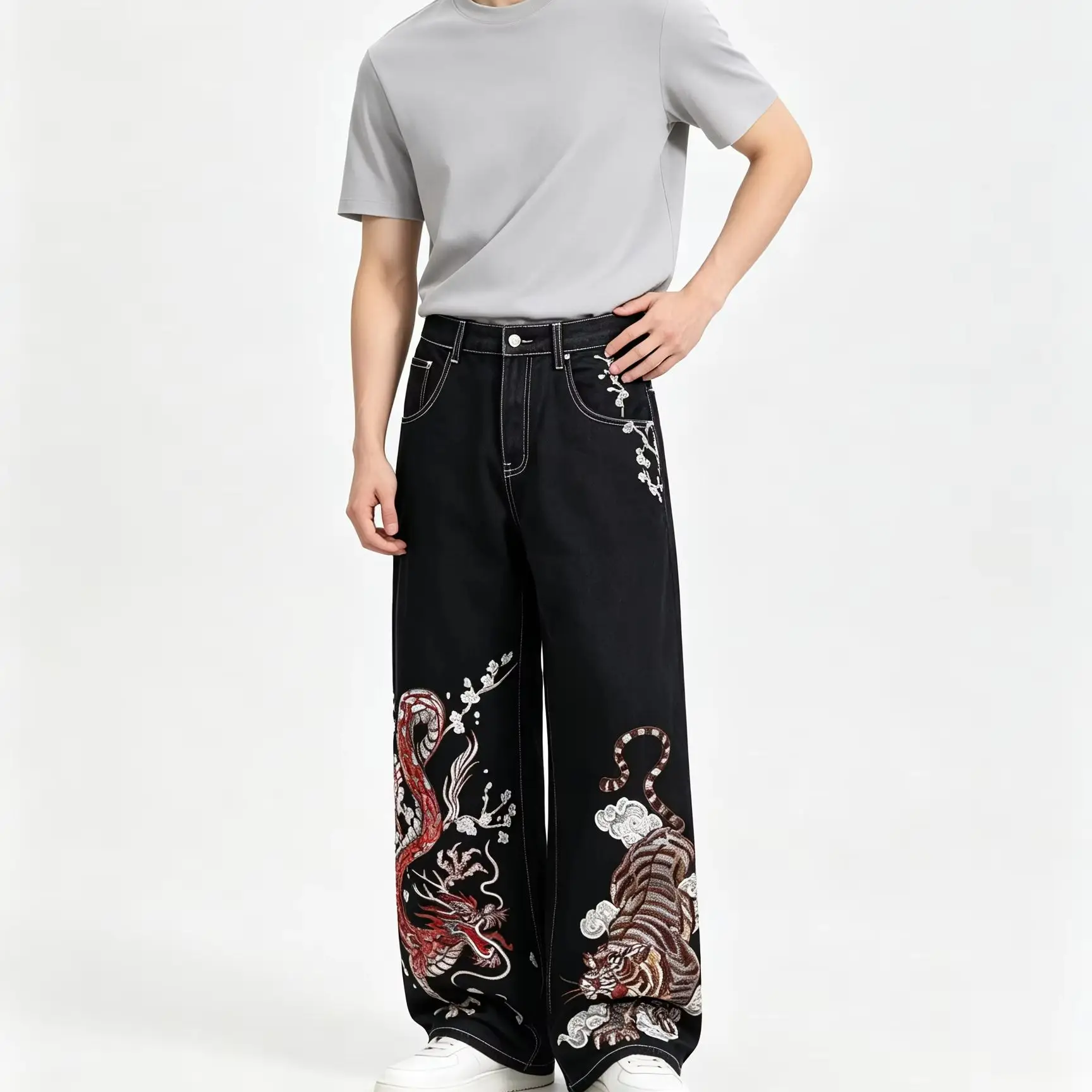 European New Trend Heavy Industry Embroidery Dragon Tiger Jeans Wash Water Workmanship Street Daily Trousers