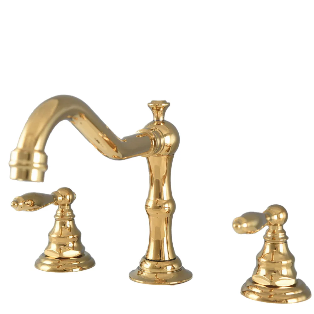 

Luxury Gold Brass Deck Mounted Dual Handles Widespread Bathroom 3 Holes Basin Faucet Mixer Water Taps tnf984