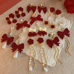 Fashion Red Velvet Bowknot Dangle Clip on Earrings for Women Flower Statement Vintage Without Hole Elegant Party Pearl Jewelry