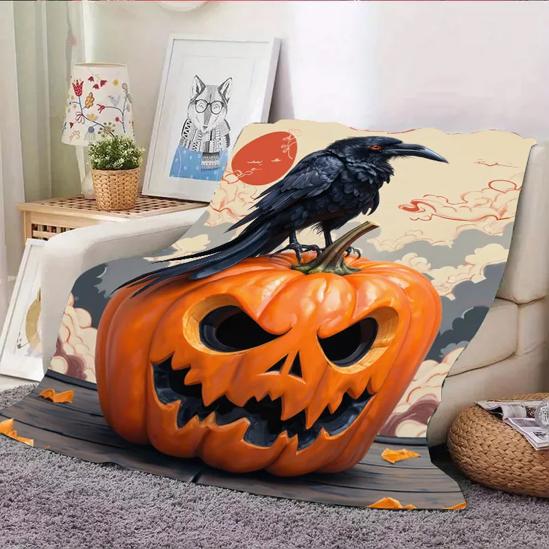 Flanelldecke – weiche, leichte Ganzjahres-Halloween-Kürbis- und Krähe-Babydecke für festliche Nächte