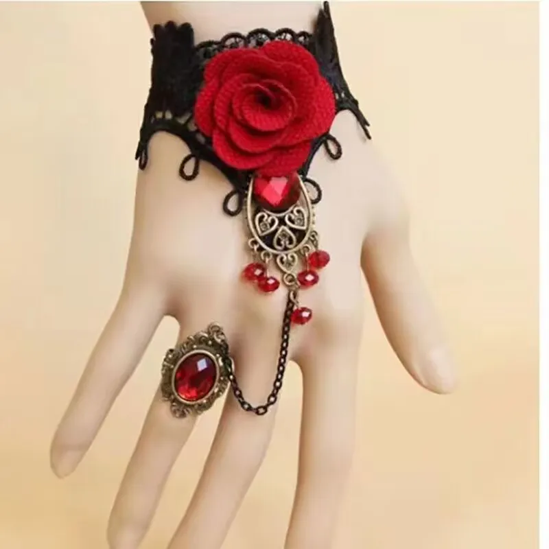 Vintage Necklace Bracelet Rings Integration Bracelet Women Ethnic style Dancing Accessories Black Lace Rose Bracelet Necklace