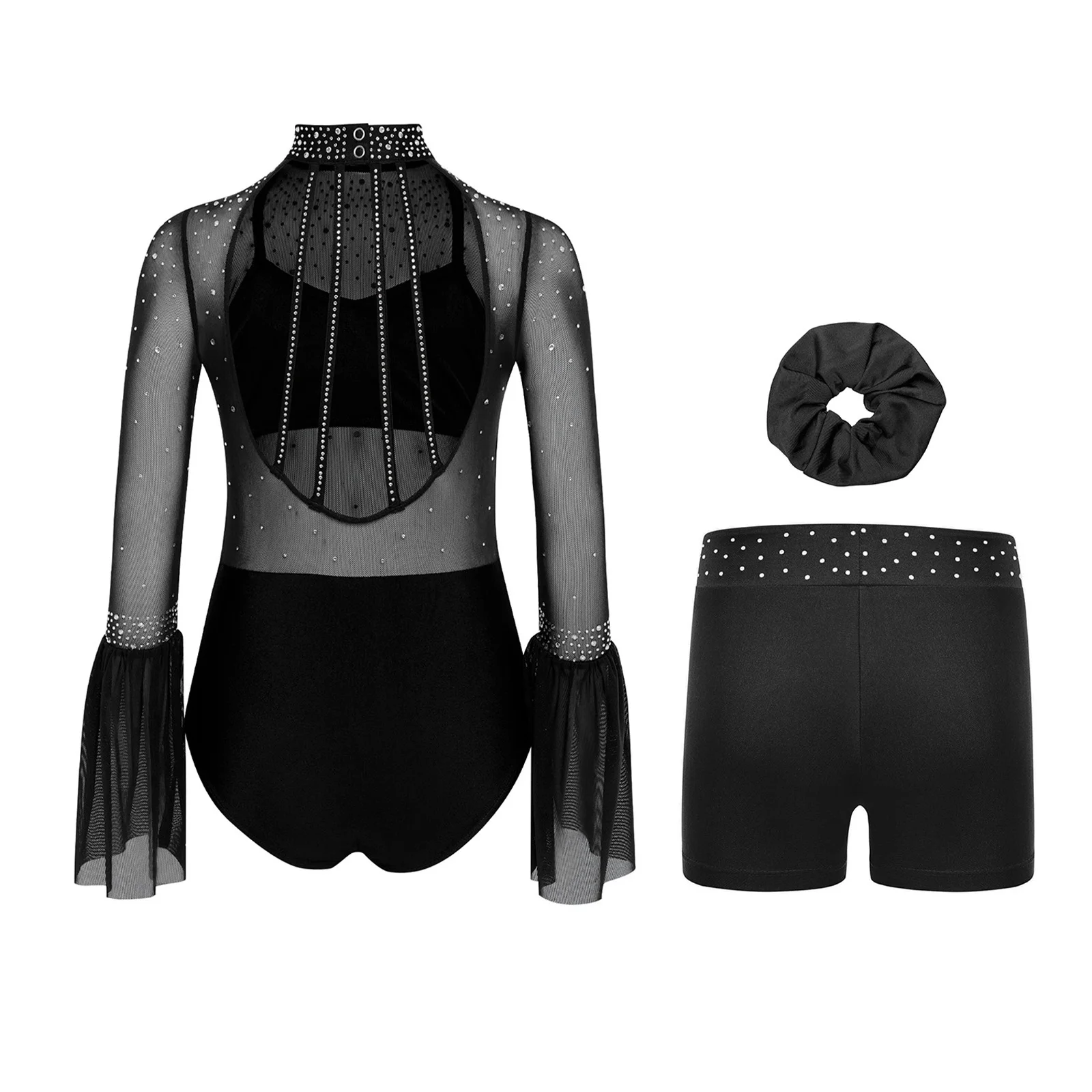Kids Girls Ballet Gymnastics Sets Figure Skating Dance Outfit Flare Sleeve Backless Rhinestone Leotard with Shorts and Headwear