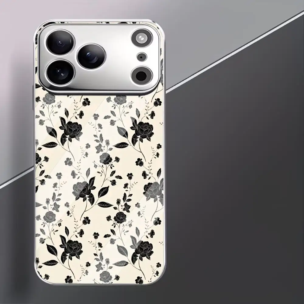 Trendy Beige Black Flower phone case mobile phones for iphone 17 pro max cover Glass for iPhone 17、16、15、14、13、12、11pm Pro Plus
