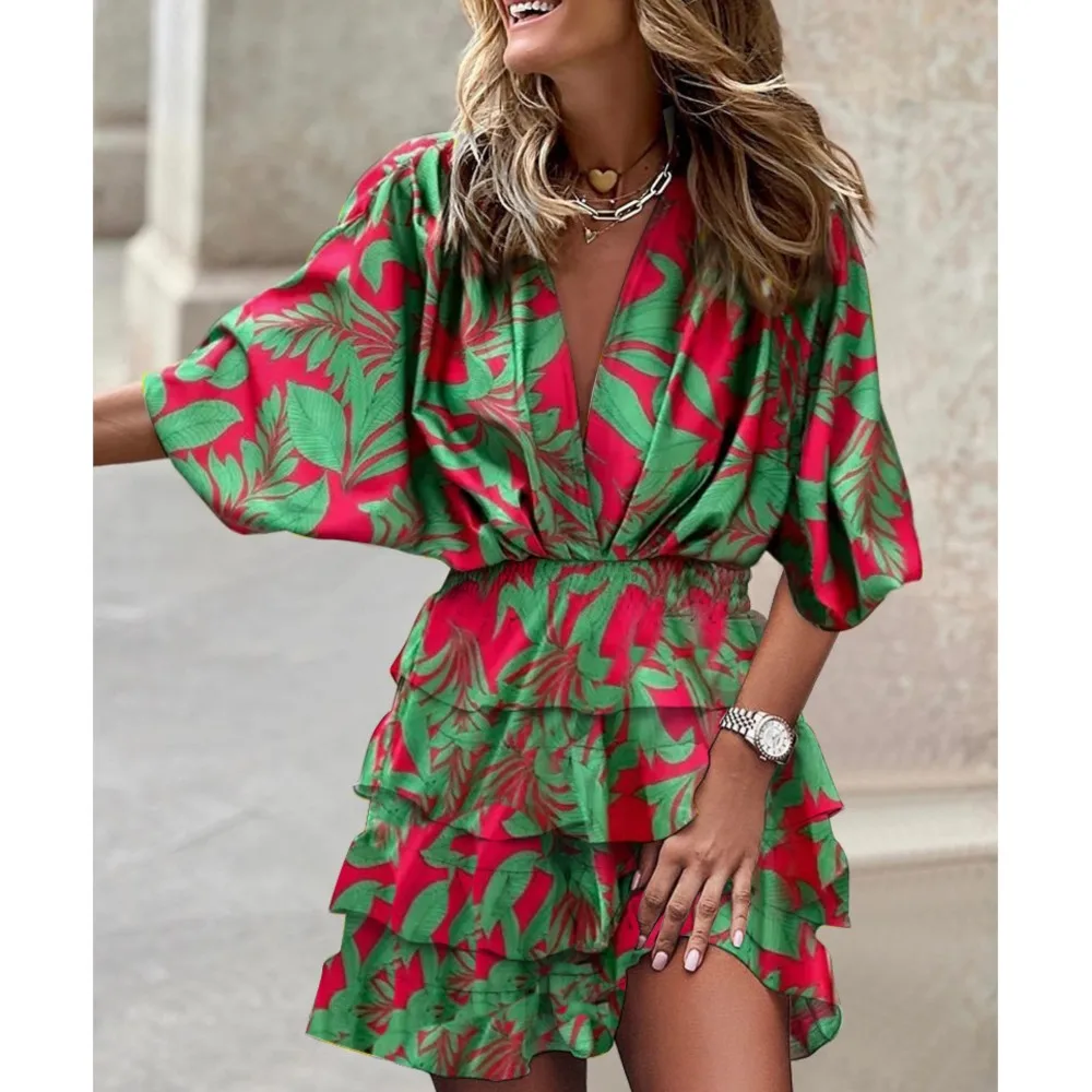 

Women's Sport Dress V-Neck Loose Batwing Sleeve Elastic Waist Printed Dress Mini Casual Ruffle Hem Dresses