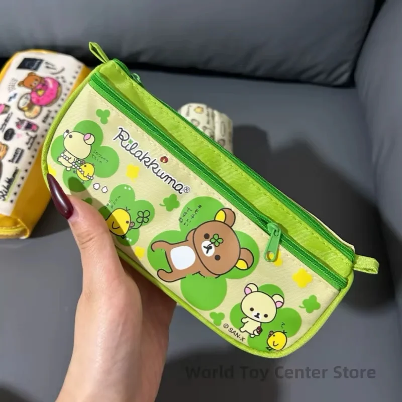 Kawaii Rilakkuma Clover Canvas Print Pencil Case High Capacity Cosmetic Storage Bag Cartoon Anime Periphery Girl'S Gift