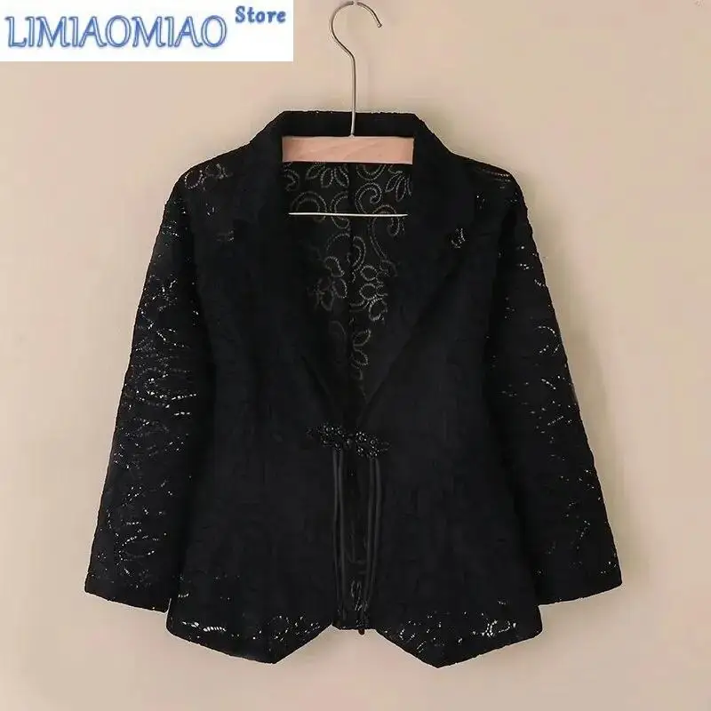 Women Blazer Jacket Spring Summer Thin Cardigan Sun Protection Clothing Hollow Lace Three-quarter Sleeve Suit Top Ladies