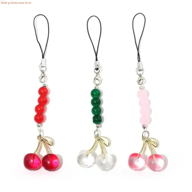 

F92D 3PCS Elegant Cherry Resin Phone Accessory Stylish Beaded Chain Pendant Keychain