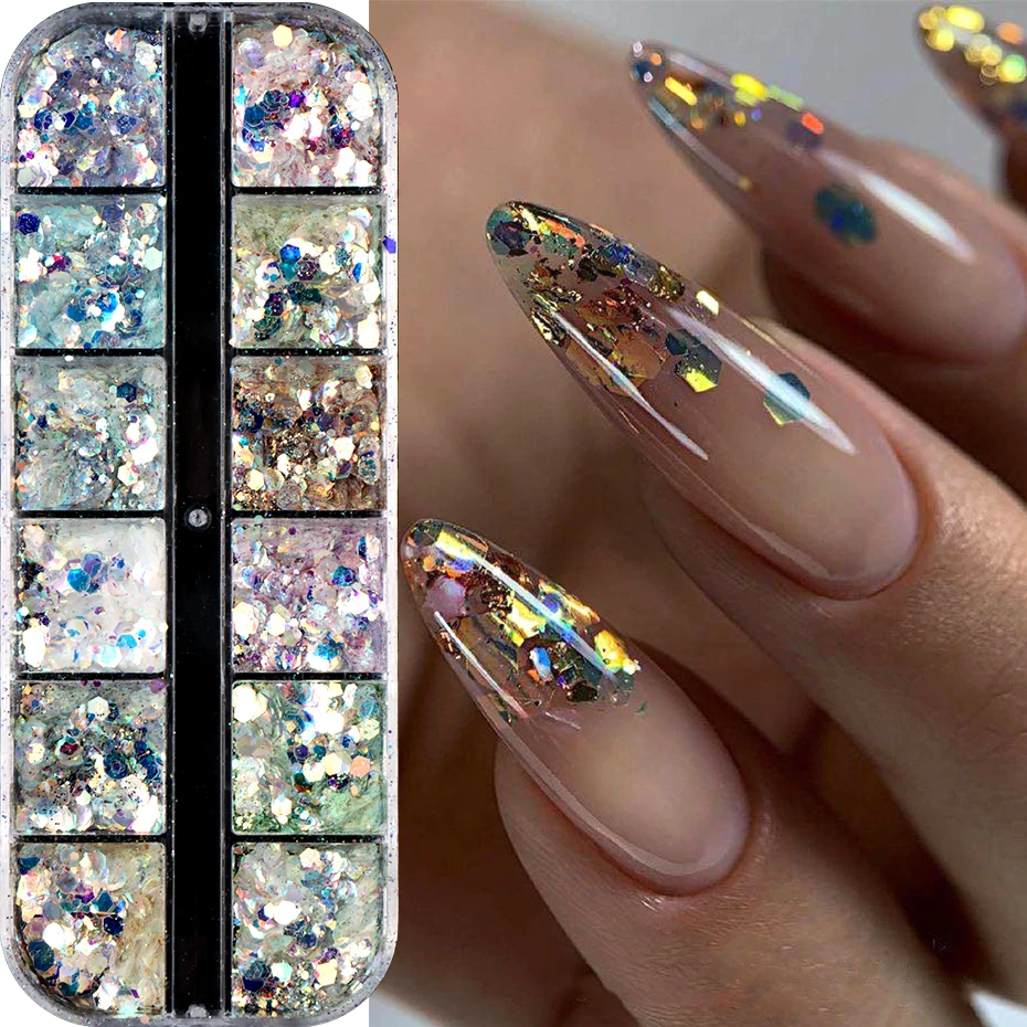 12 Grids Shimmery Mermaid Hexagon Nail Art Glitter Sequins Holographic Mirror Nail Powder Flakes Nail Charms Decoration Manicure