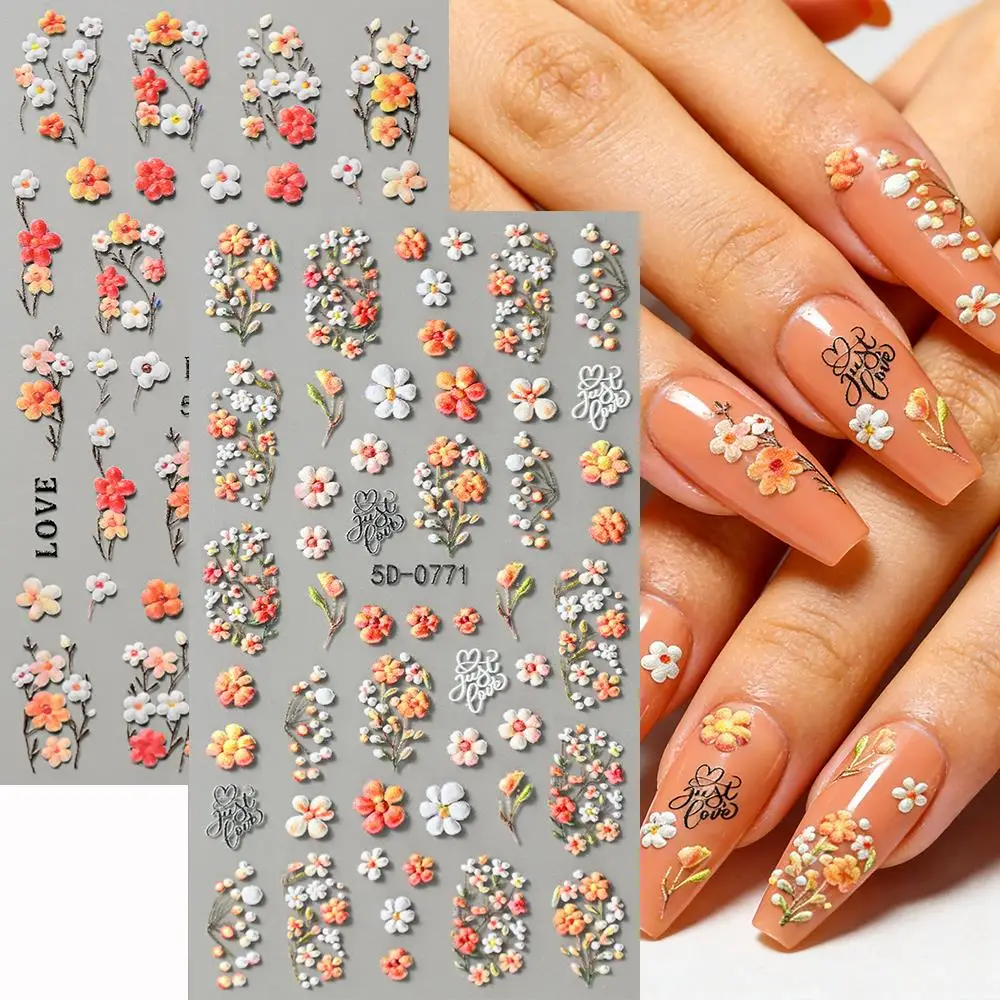 2Pcs 5D Embossed Daisy Nail Stickers Colorful Five-Petal Flower Self-Adhesive Nails Decals Spring Floral Nail Art Decorations NK