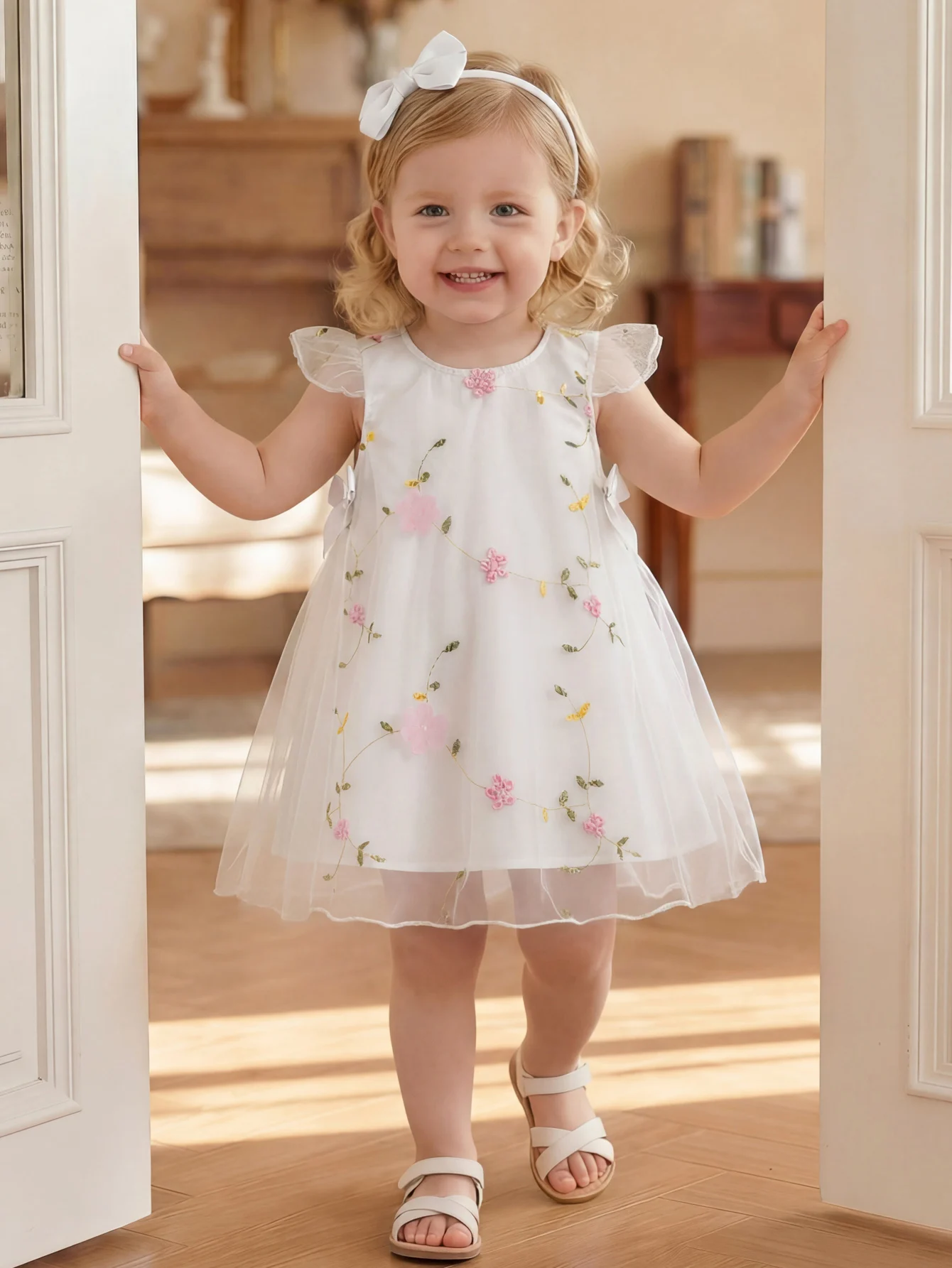 Toddler Fly Sleeve Floral Embroidery Tulle Dress Infant Birthday Princess Outfit