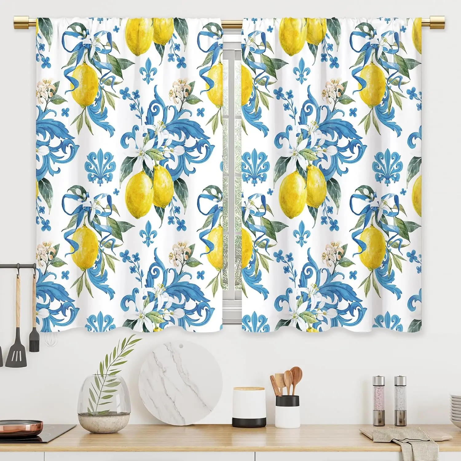 Watercolor Lemon Blue Baroque Floral Curtain Fresh Fruit Flower Light Filter Drape For Kitchen Living Room Homestay Decor