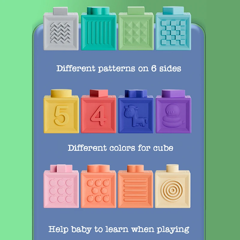 Baby Soft Rubber Cube Puzzle Montessori Toddlers Touch Early Education Squeeze Stacker Relief Blocks Toy Children Bath Toys