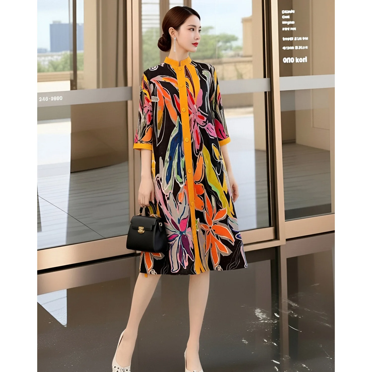 

Miyake Pleated Dress for Women 2026 New Printed Stand Collar Mid-sleeve Single Breasted Loose Large Size Cardigan Spring Skirt