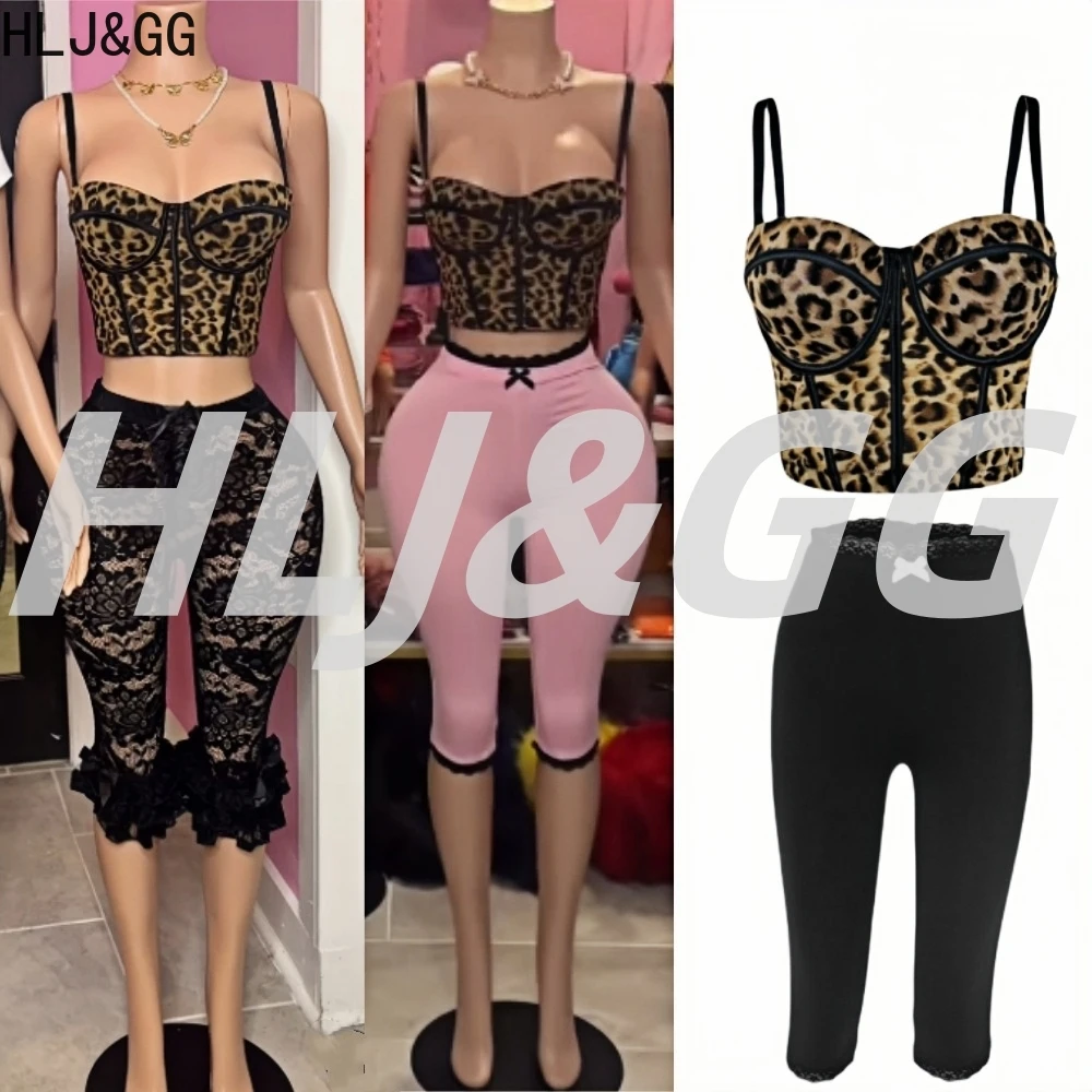 

HLJ&GG Sexy Y2K Leopard Print Corset Two Piece Sets Women V Neck Spaghetti Strap Slim Crop Top And Lace See Though Pants Outfits