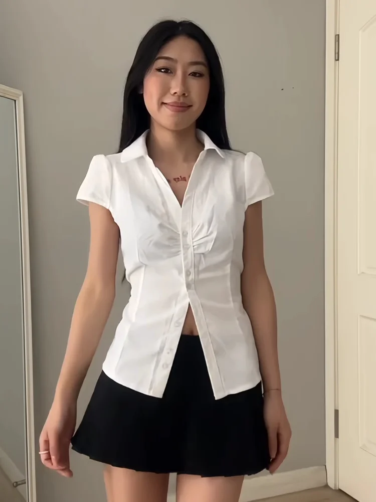 

plus Size Women's Shirt American Hot Girl Style Pleated V-Neck Short Sleeve Slimming White Shirt Summer Fashion Commute Style